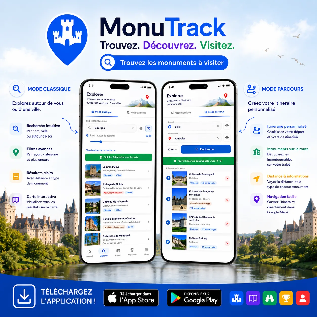 Écran Explorer de MonuTrack : recherche par ville avec liste de résultats, et mode Parcours entre deux villes