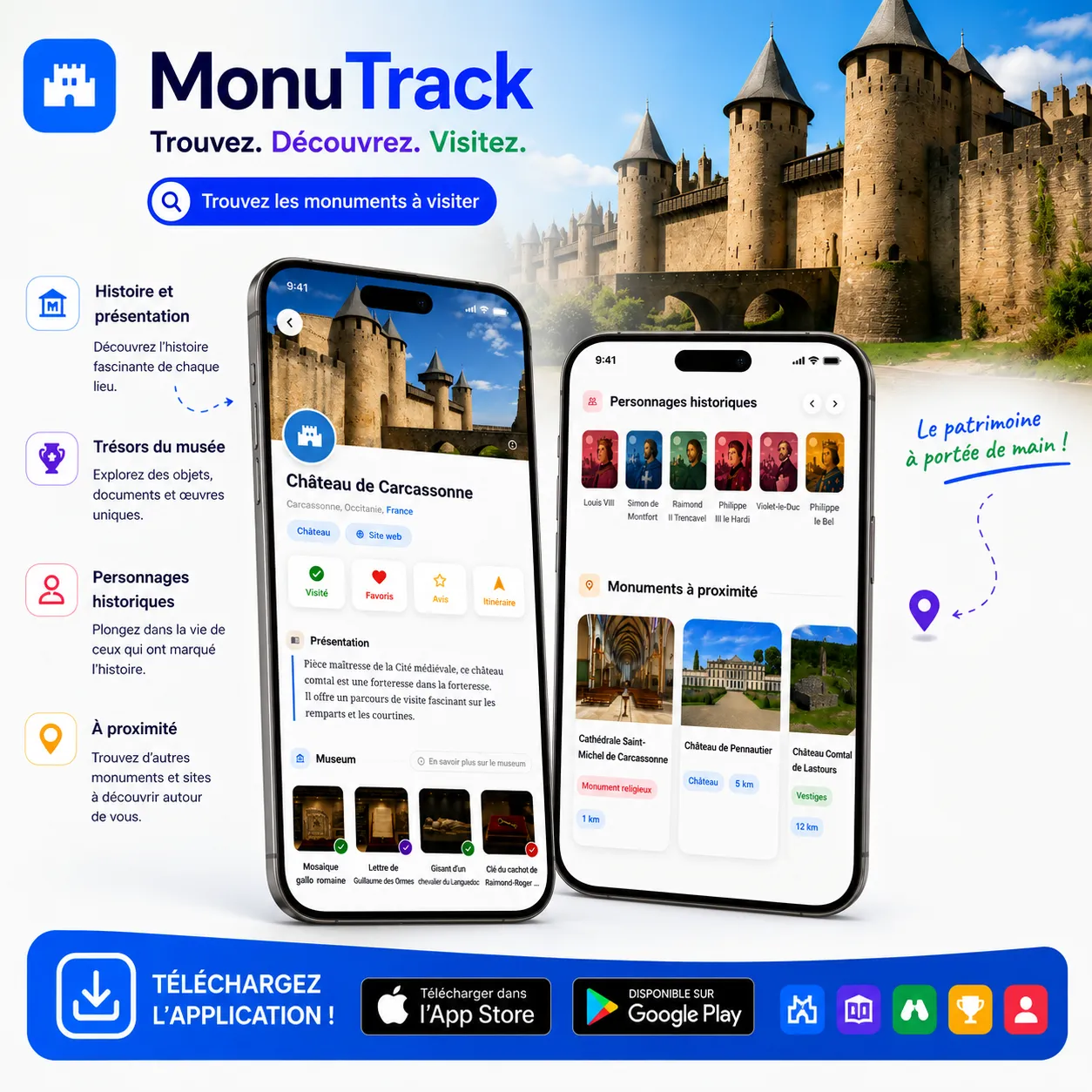 Fiche du Château de Carcassonne dans l'application MonuTrack, avec présentation, objets du musée et personnages historiques
