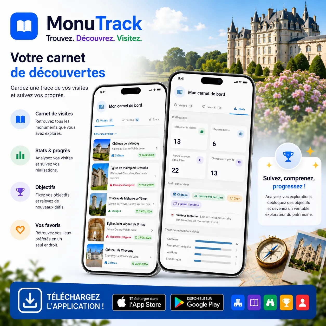 Carnet de bord MonuTrack avec la liste des visites et les statistiques de progression