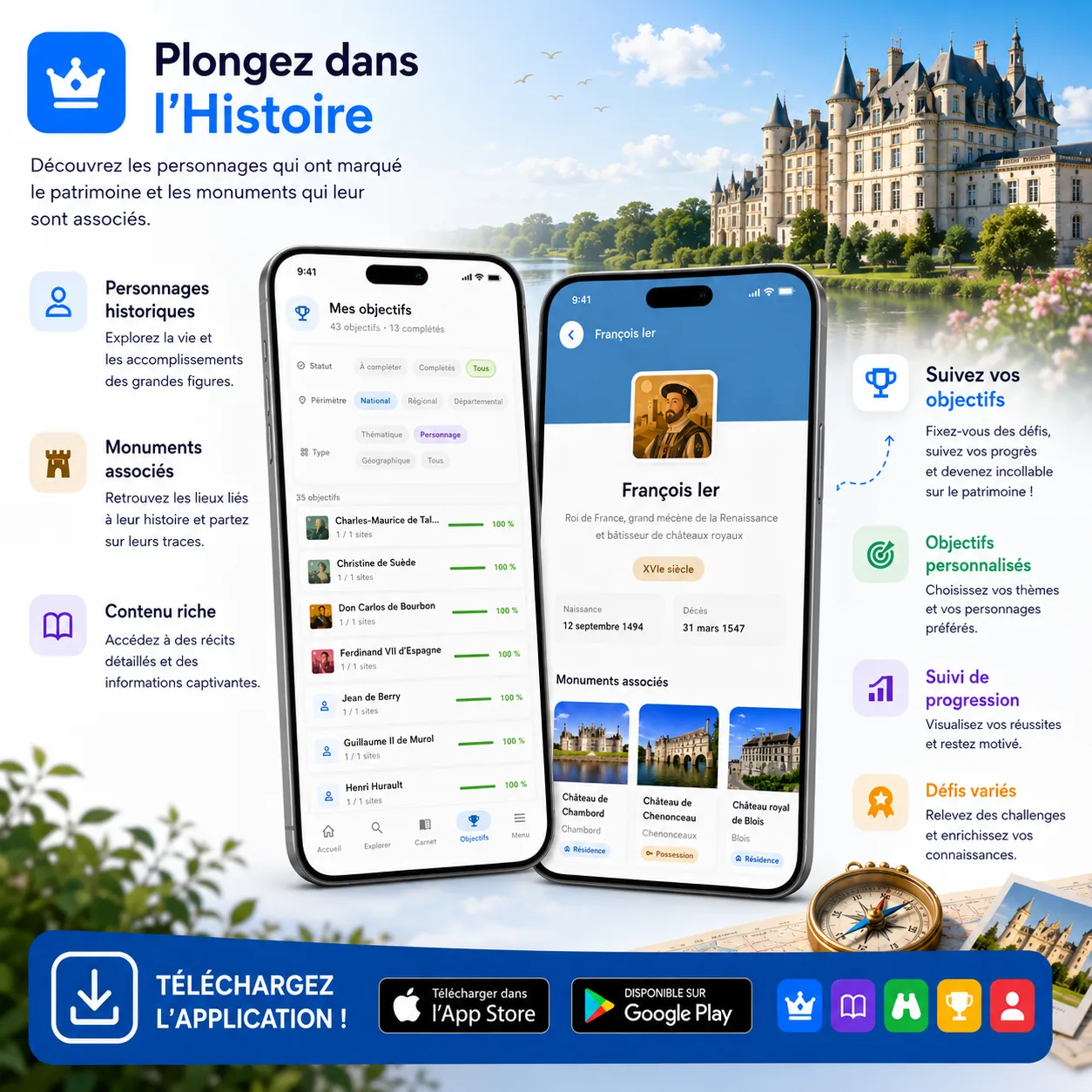 Fiche de François Ier dans MonuTrack avec les monuments associés, et écran des objectifs à compléter